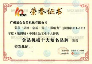 食品機械(xiè)十大(dà)品牌證(zhèng)書